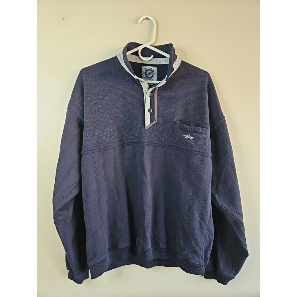 Greenline International Vintage 90s Long Sleeve Polo Shirt, Airplane Patch, Navy